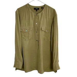 Theory Damaris Summer Silk Tunic Long Sleeve Mandarin Collar Size L Light Olive